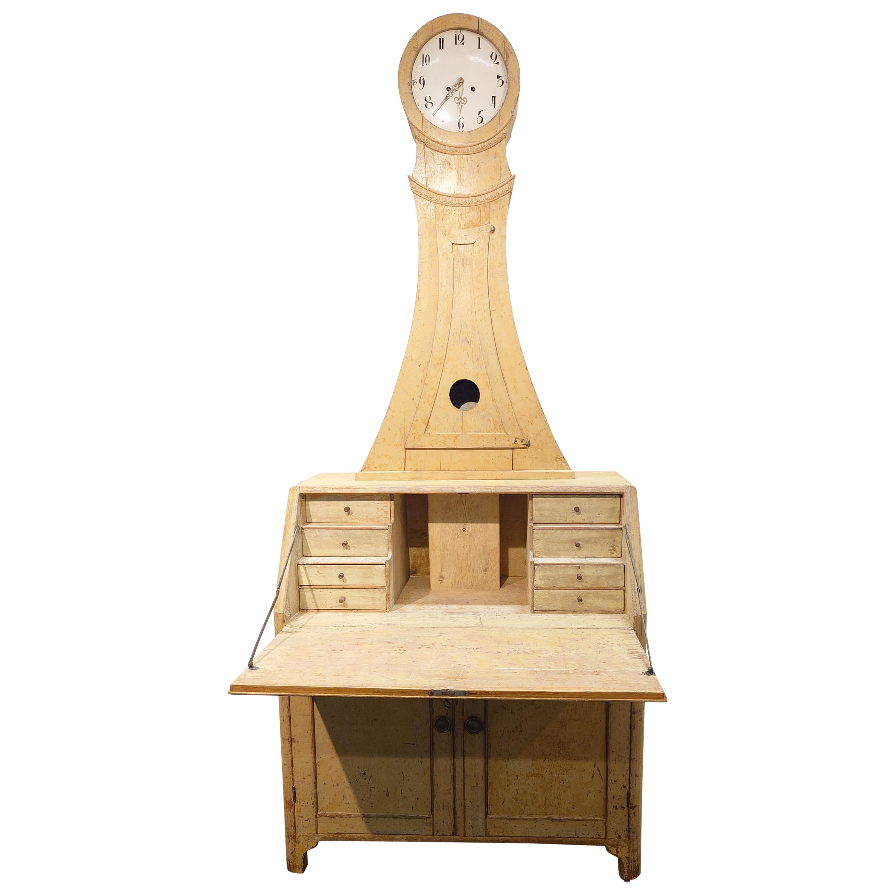  19th Century Rare antique Northern Swedish  pine Secretary clock desk  country For Sale