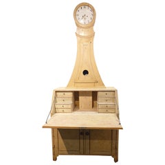 19th Century Rare Antique Northern Swedish  pine Secretary clock desk  country