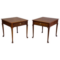 Pair Used Baker Queen Anne Side Tables w/ Drawer - Walnut + Burl + Brass 