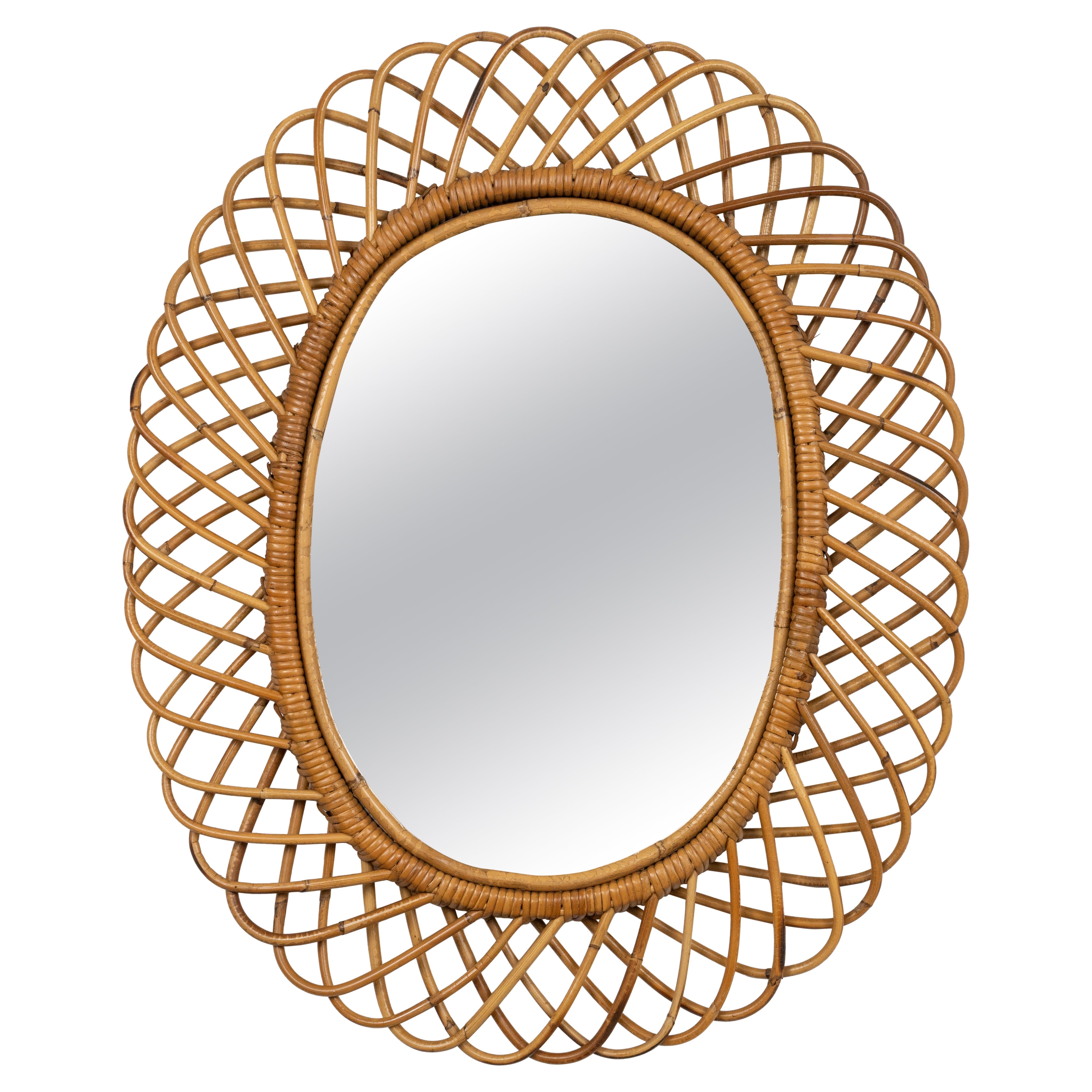 Midcentury Rattan and Bamboo Oval Wall Mirror by Franco Albini, Italy 1960s For Sale