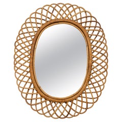 Midcentury Rattan and Bamboo Oval Wall Mirror by Franco Albini, Italy 1960s
