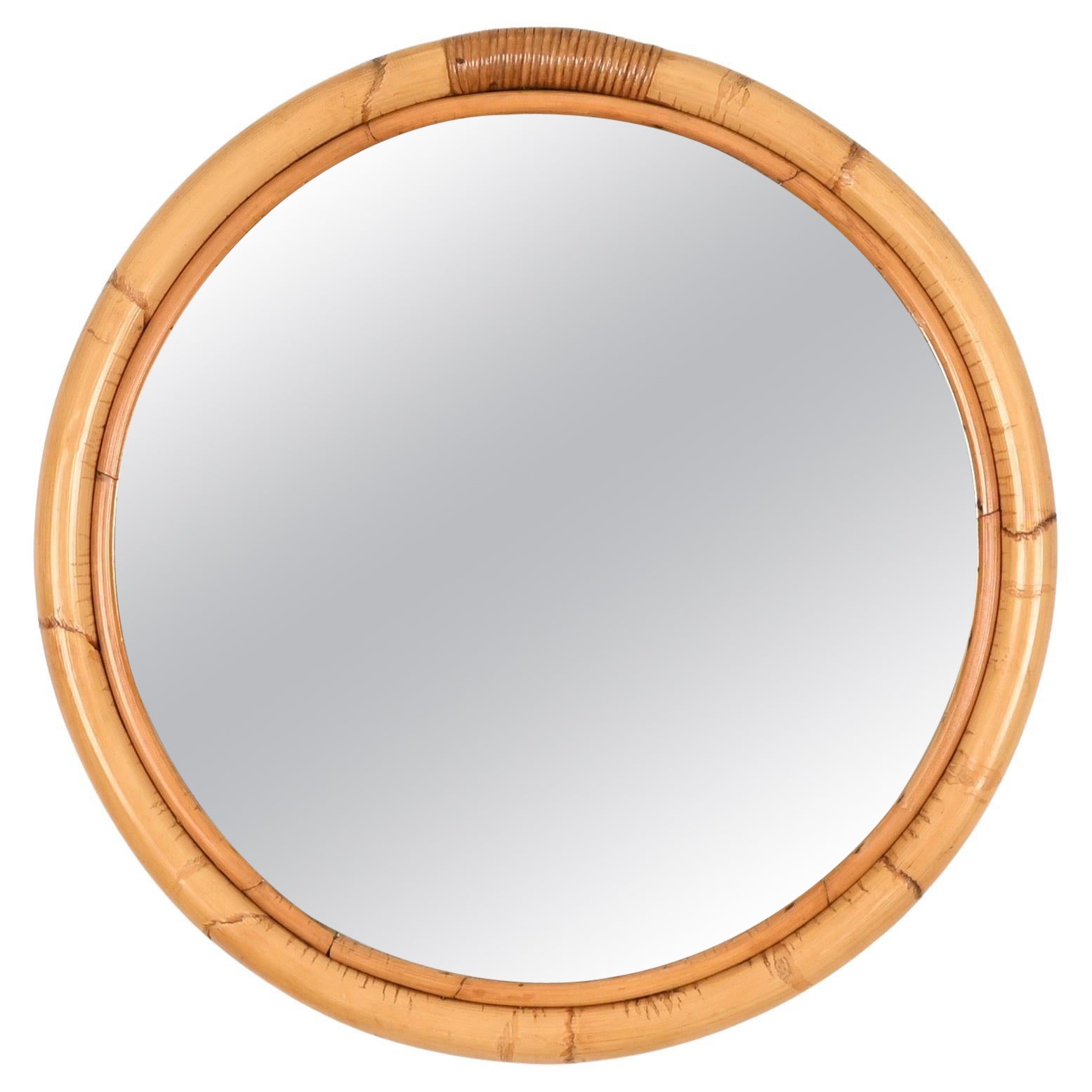 French Riviera Round Mirror with Double Rattan Frame and Wicker, Italy 1970s For Sale