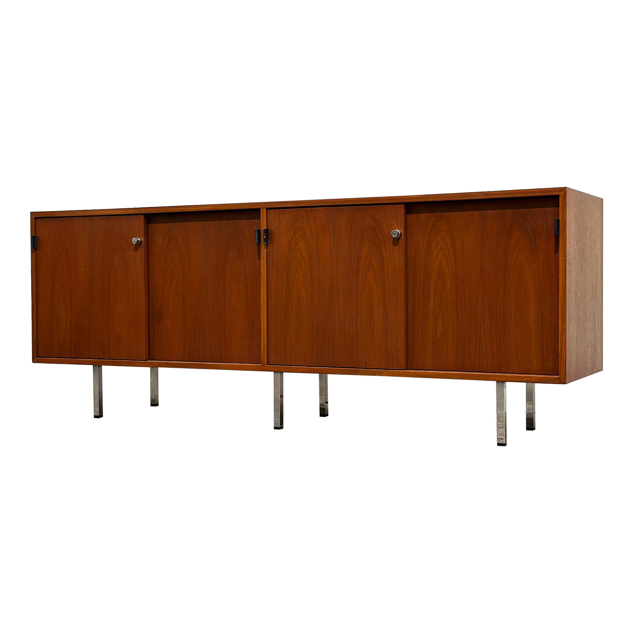 Vintage Midcentury Florence Knoll Credenza - Walnut + Chrome + Leather For Sale