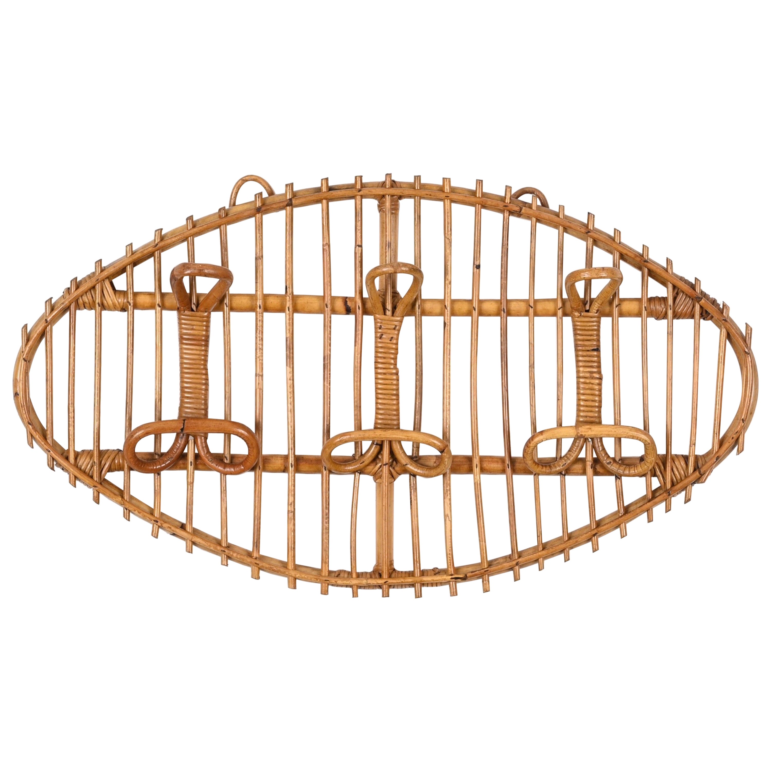 Midcentury French Riviera Rattan, Wicker, Curved Bamboo Coat Rack, Italy 1960s For Sale
