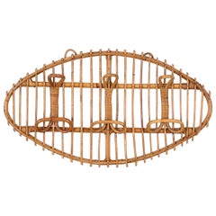 Vintage Midcentury French Riviera Rattan, Wicker, Curved Bamboo Coat Rack, Italy 1960s