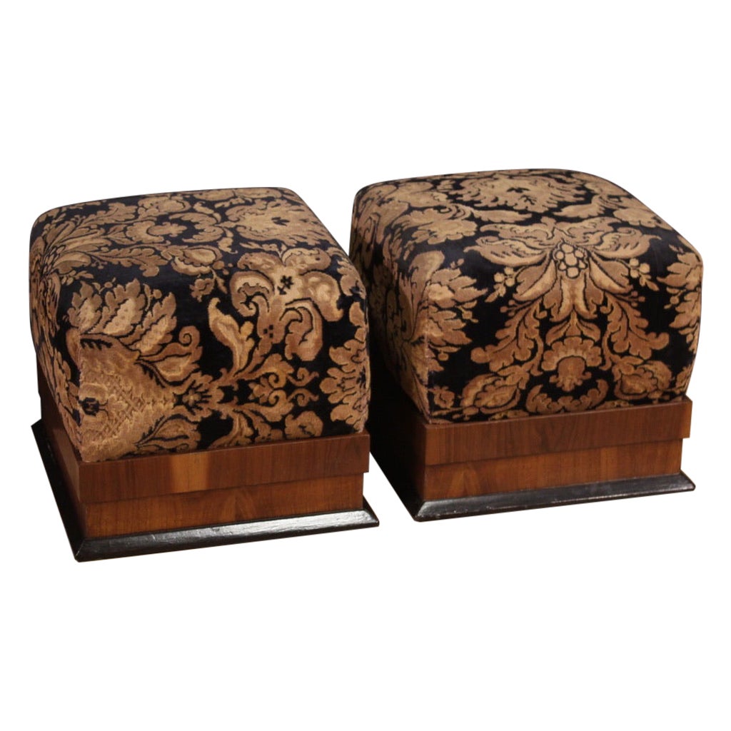 Pair of 20th Century Art Deco Wood and Fabric Italian Poufs Footstools, 1930s For Sale