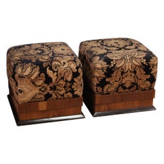 Pair of 20th Century Art Deco Wood and Fabric Italian Poufs Footstools, 1930s