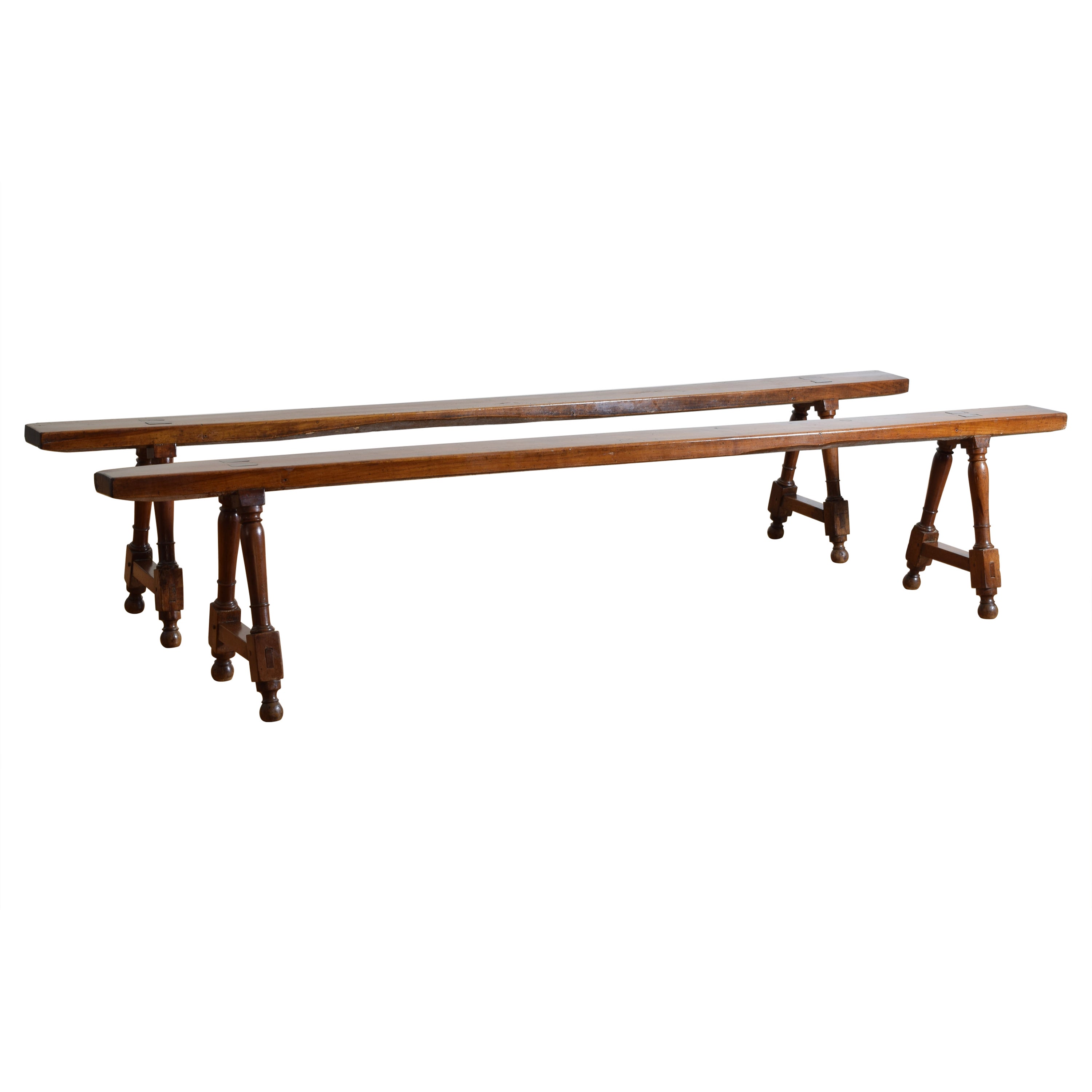 Pair Italian Louis XIII Style Fruitwood Trestle-Form Benches, mid 19th century For Sale