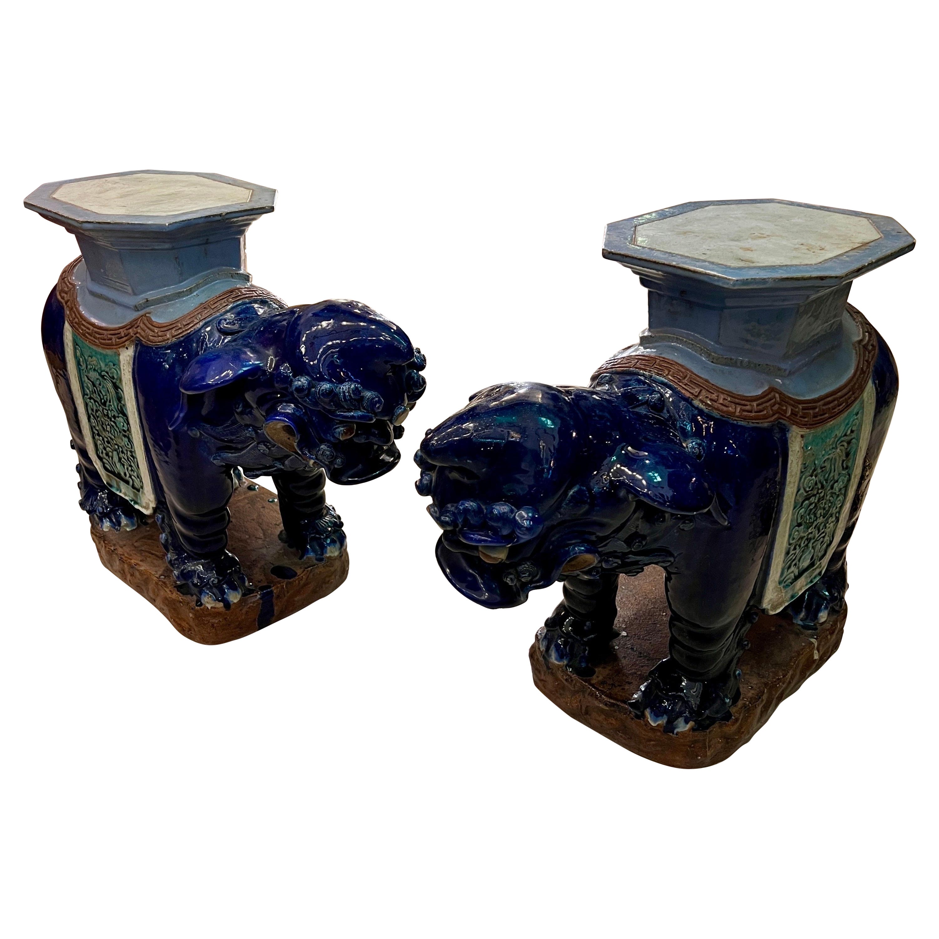 Pair of Vintage Vietnamese Ceramic Foo Dogs Tables / Plant Stands For Sale