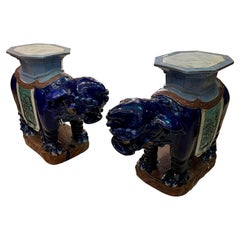 Pair of Retro Vietnamese Ceramic Foo Dogs Tables / Plant Stands