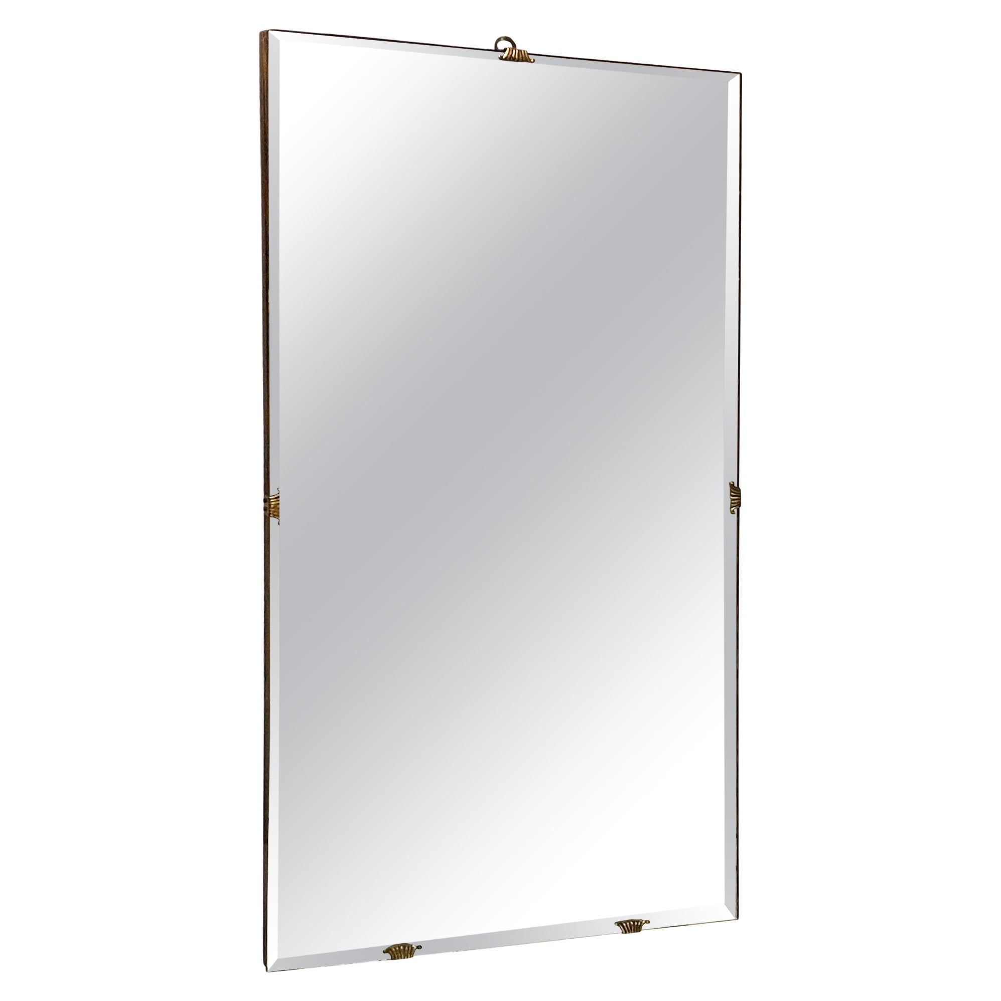 Italian mid-century Rectangular wall mirror in wood and burnished brass, 1960s For Sale