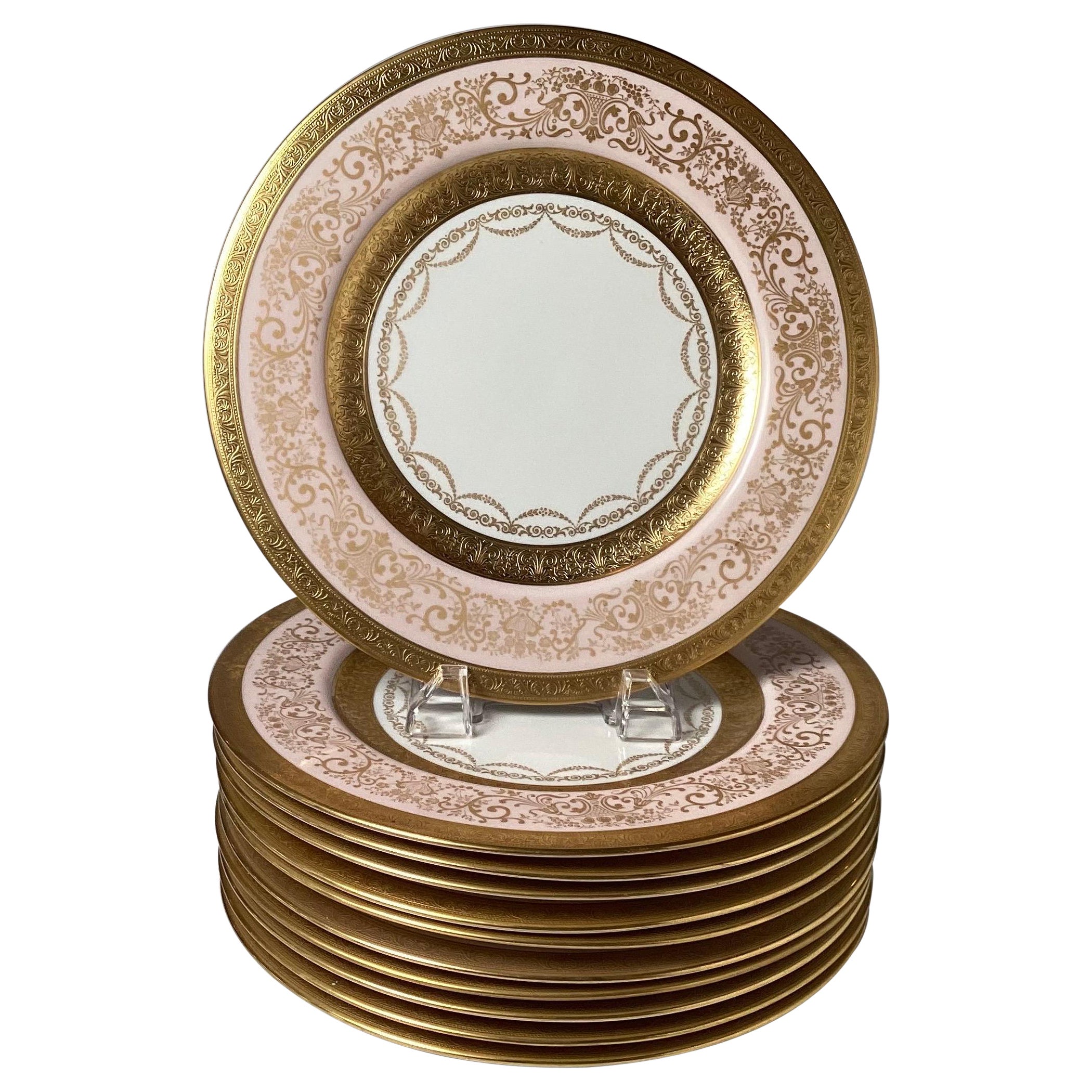 Set of 12 Gold Encrusted Service Dinner Plates with Petal Pink Borders 