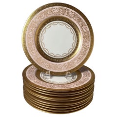 Retro Set of 12 Gold Encrusted Service Dinner Plates with Petal Pink Borders 
