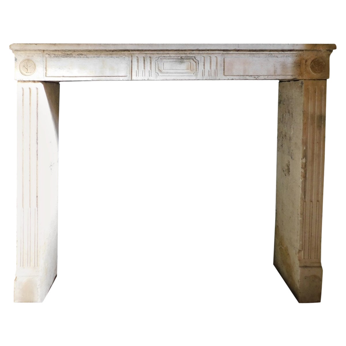 Old Carved stone fireplace mantle, small with geometric carvings, Italy For Sale