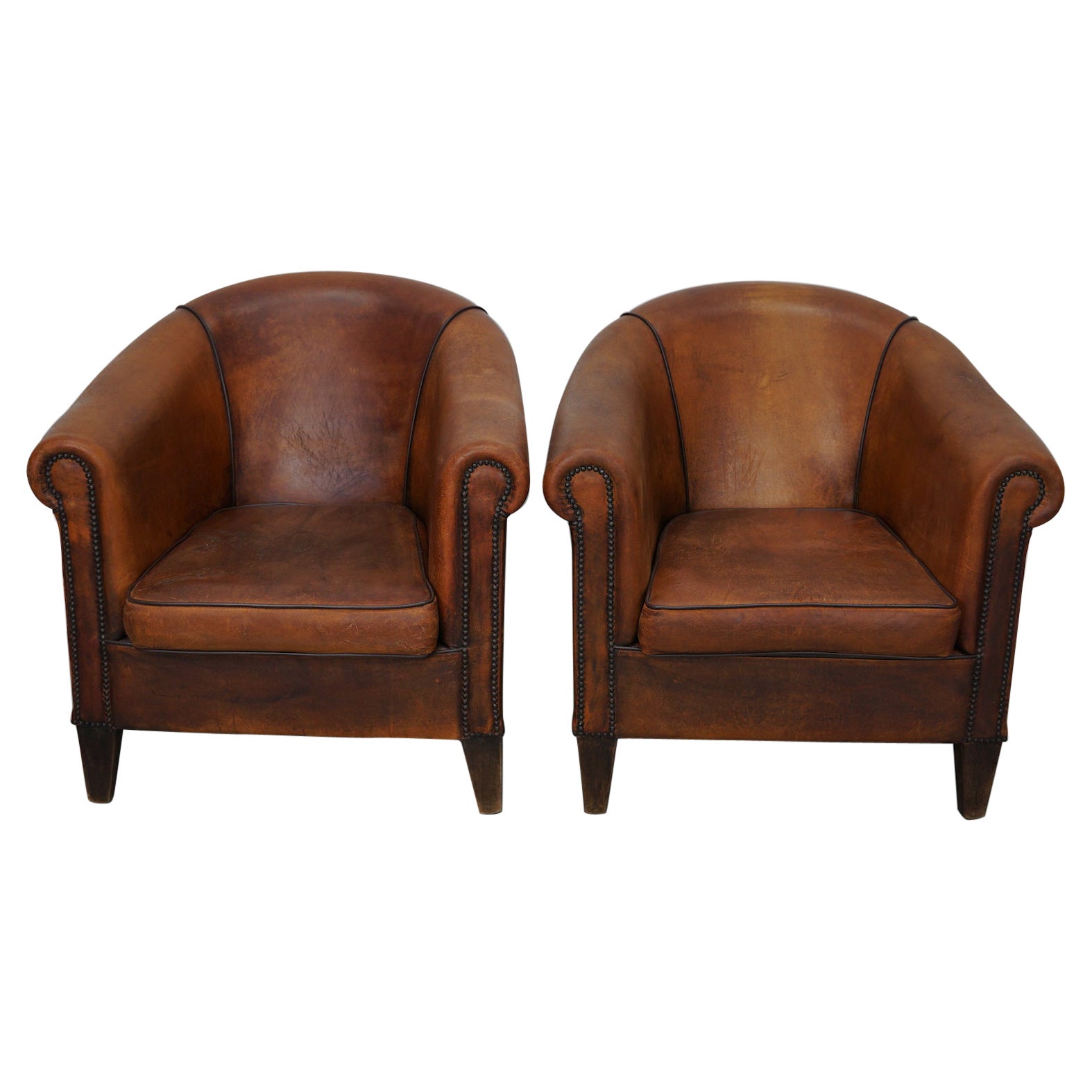 Vintage Dutch Cognac Colored Leather Club Chair, Set of 2 For Sale