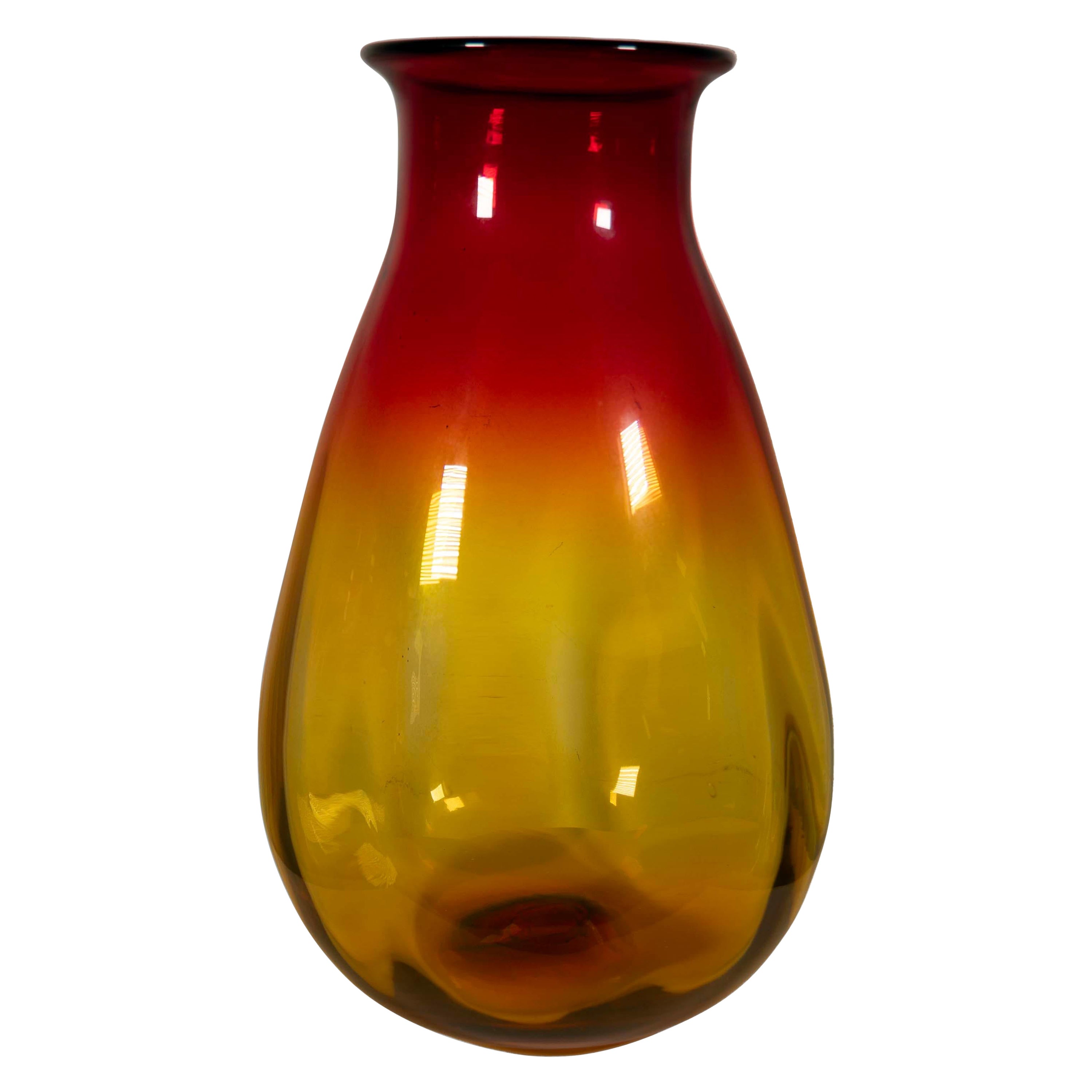 Joel Myers for Blenko Red and Yellow Vase Model 7029 Mid Century Modern For Sale