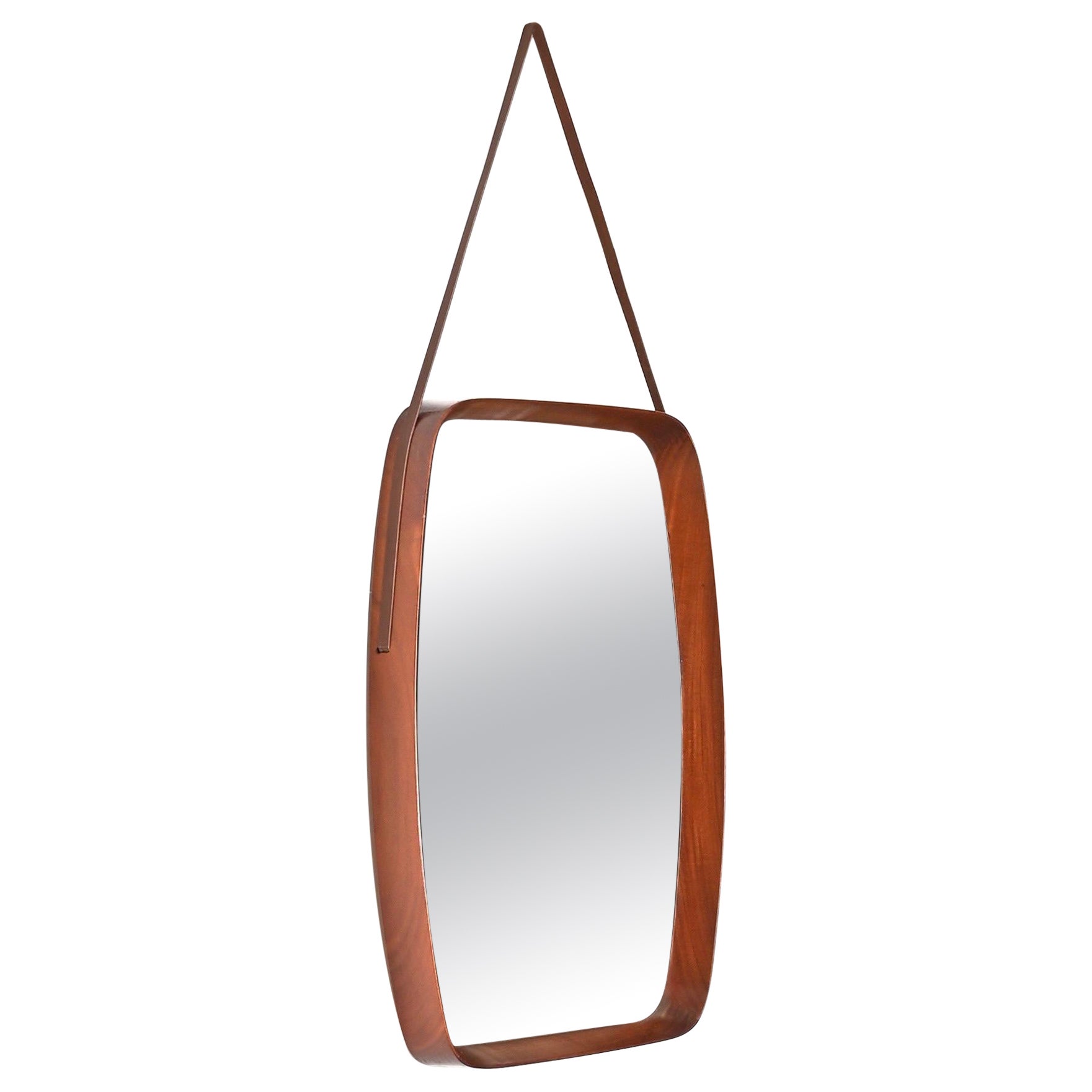 Mid-Century Rectangular Mirror in Teak, Leather by Campo & Graffi, Italy 1960s For Sale