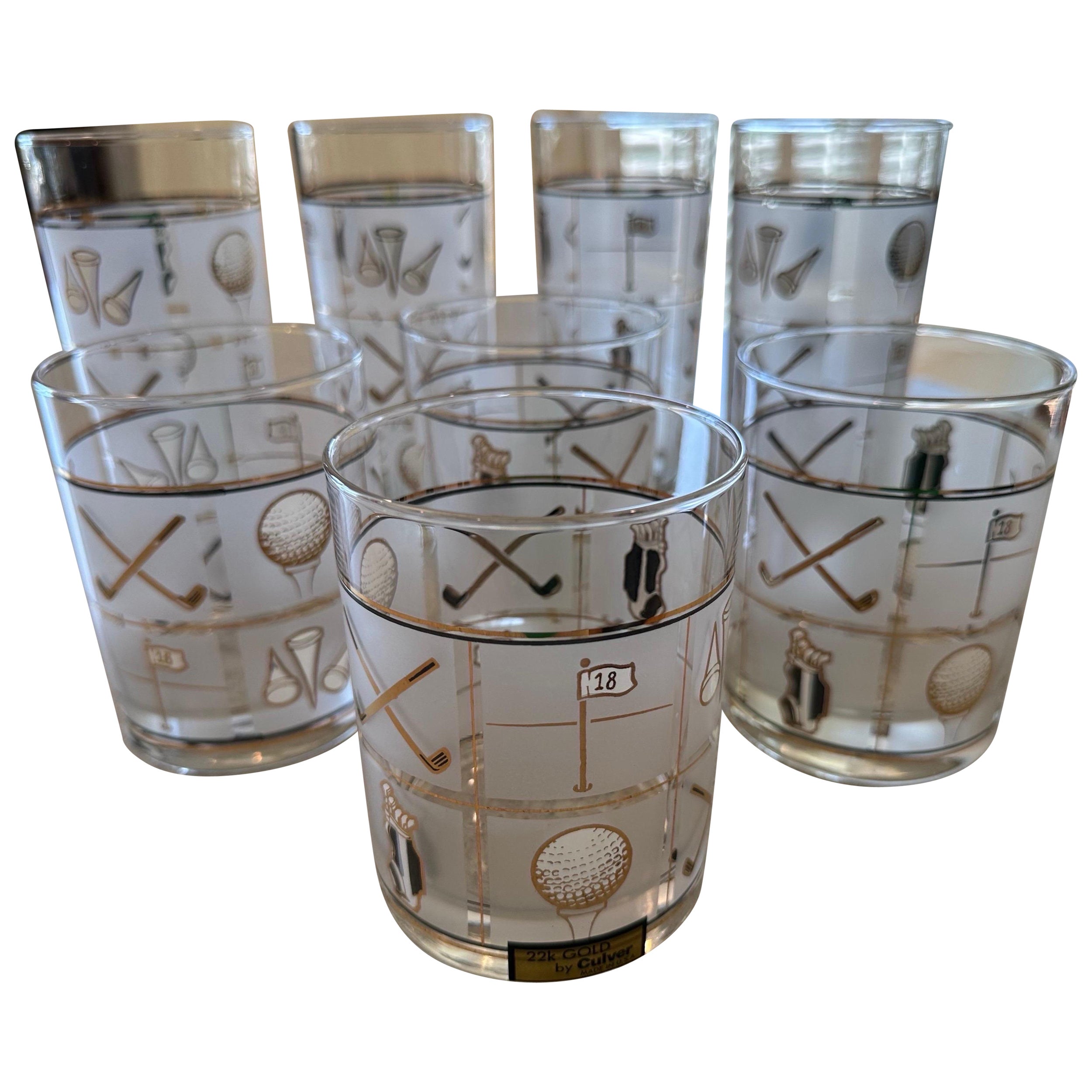 Culver Fairway 22k Gold Decorated Glasses - 4 Rocks and 4 High Ball/Collins  For Sale