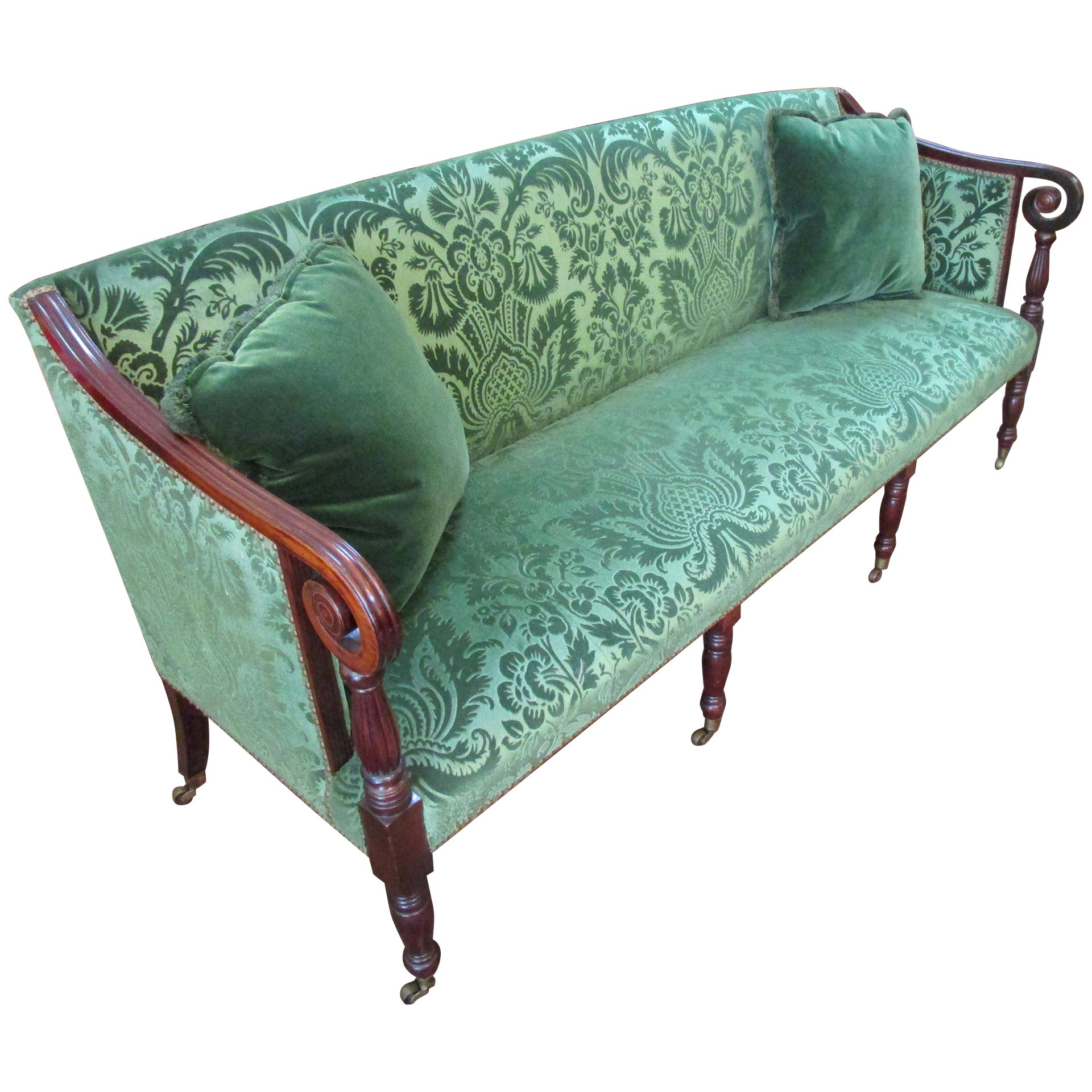 Sheraton English Carved Mahogany Upholstered Sofa circa 1820  For Sale