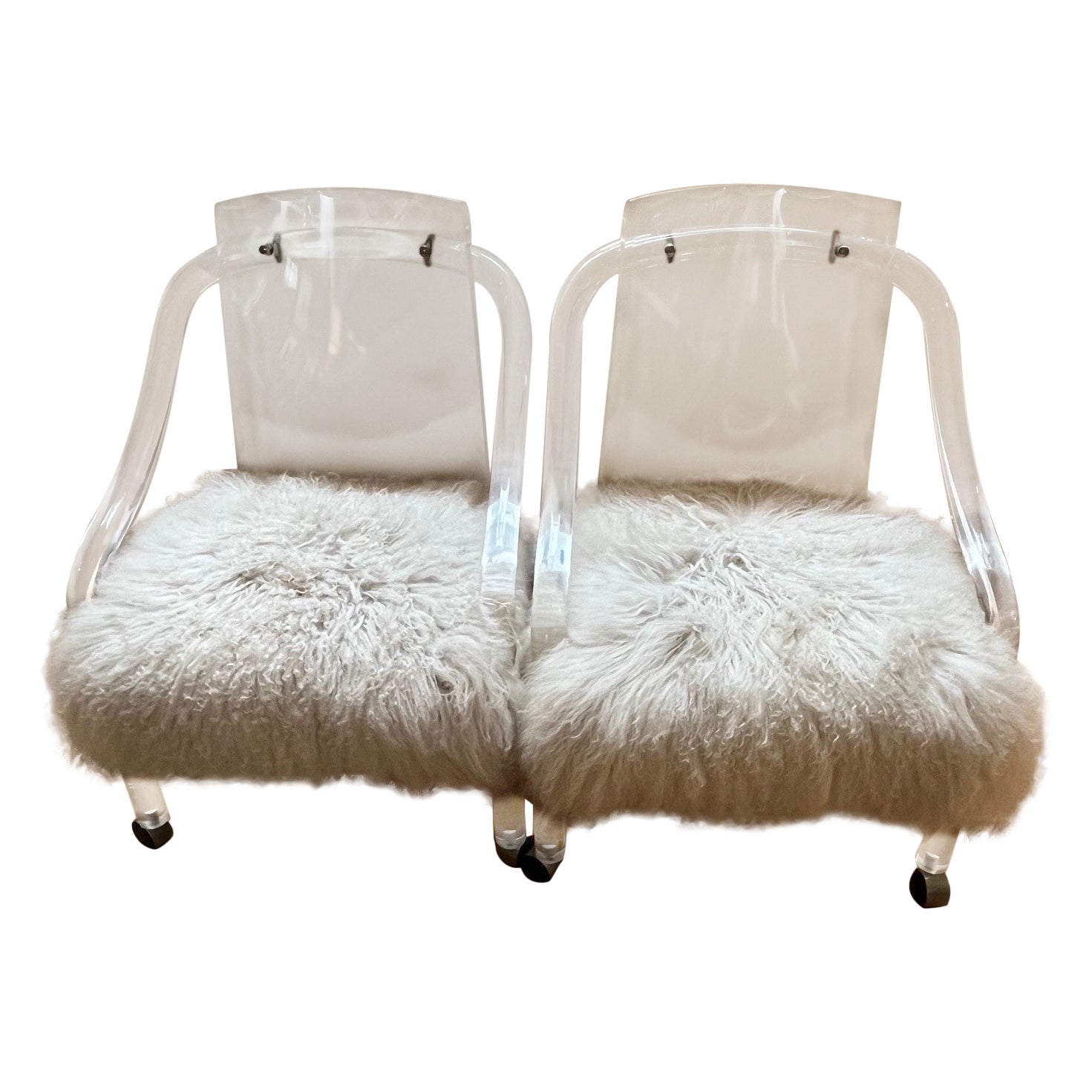 Pair of Vintage Lucite Armchairs Upholstered with Tibetan Lamb Fur Rug For Sale