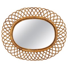 Retro Midcentury Rattan and Bamboo Oval Wall Mirror by Franco Albini, Italy 1960s