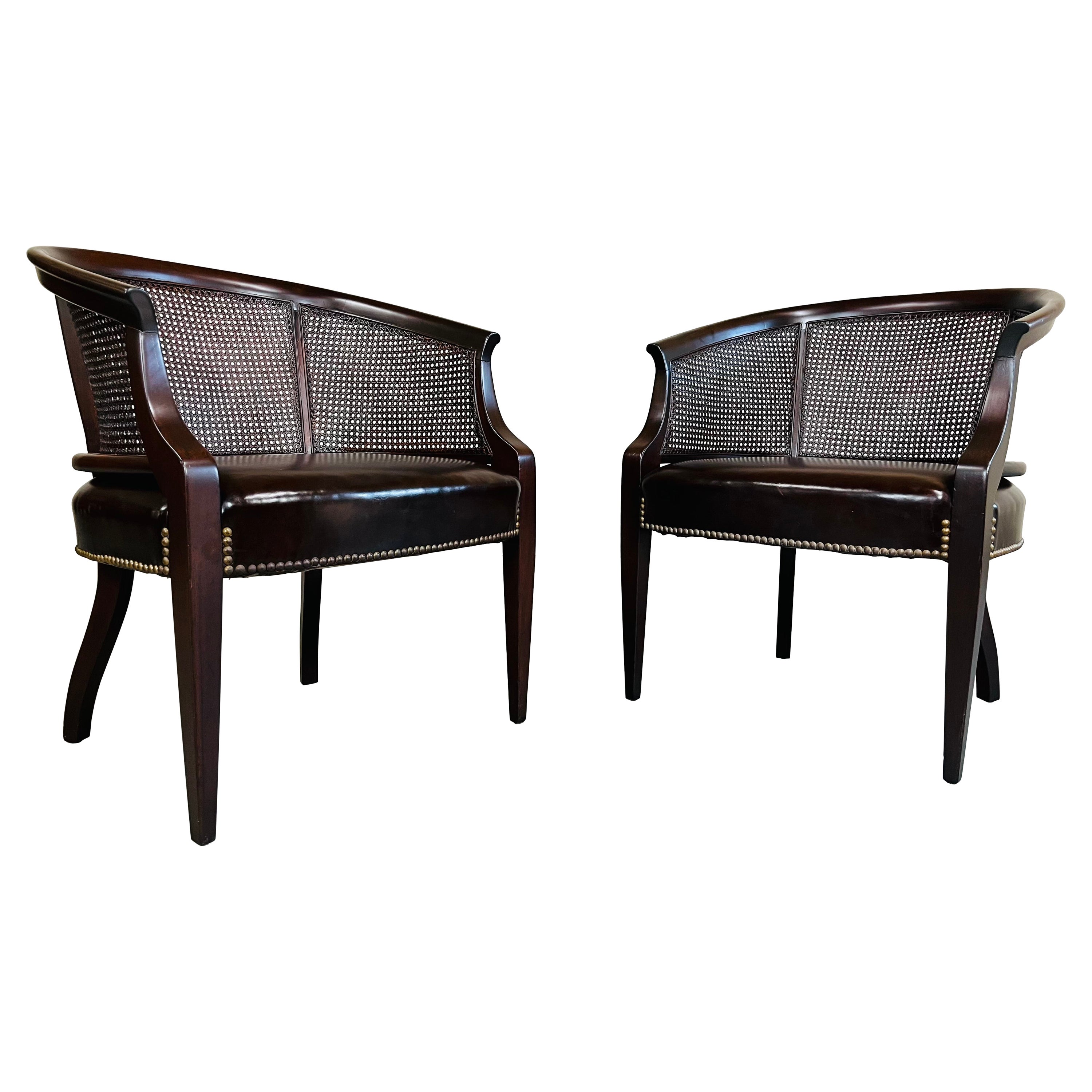 Pair of Regency Hickory Chair Co. Cane Barrel Back Club Chairs Having Lithe Legs For Sale