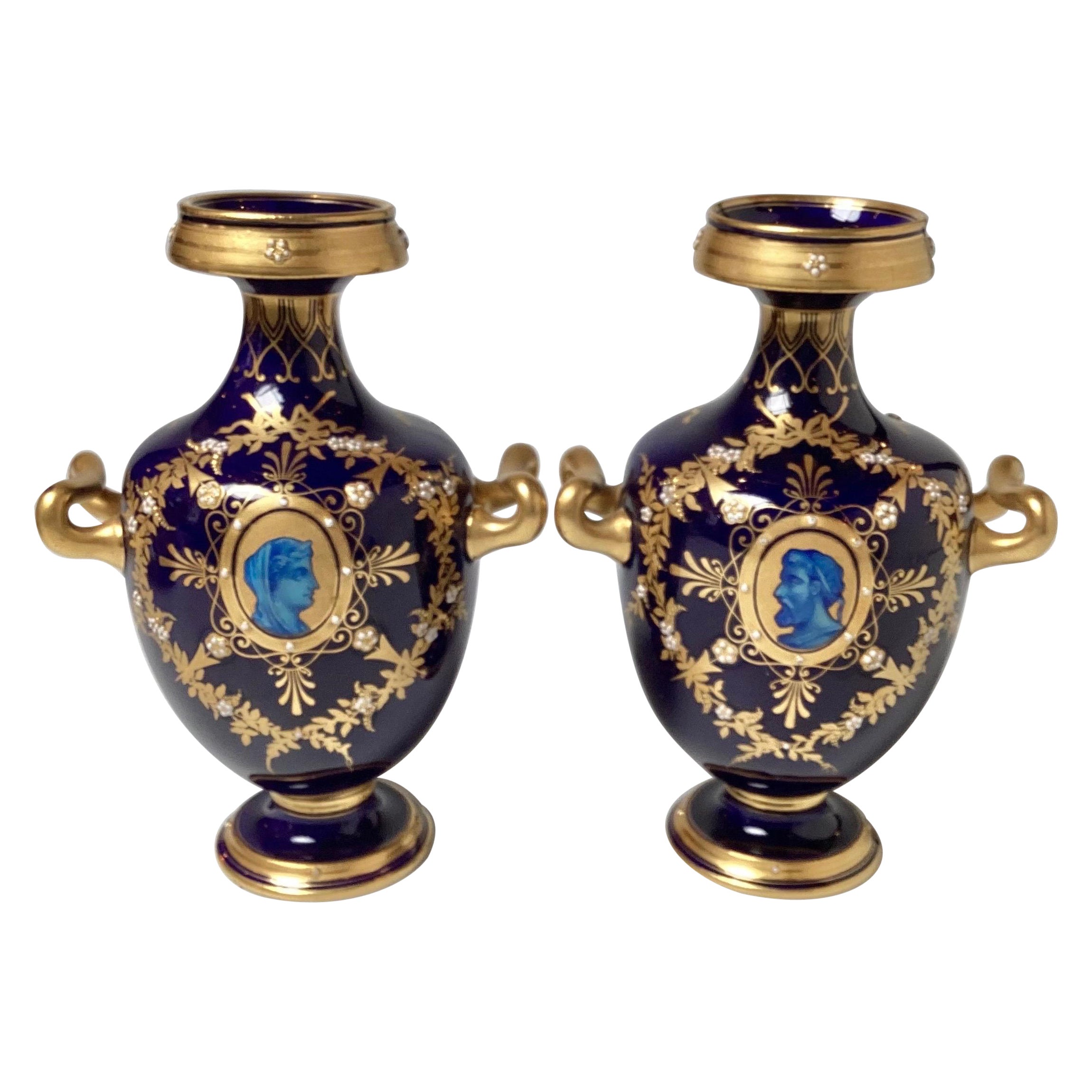 A Diminutive Pair of Cobalt and Gilt Porcelain Neoclassical Cabinet Vases