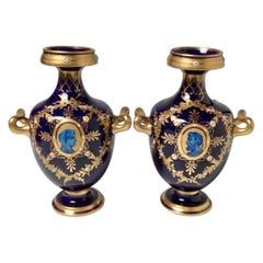 Antique A Diminutive Pair of Cobalt and Gilt Porcelain Neoclassical Cabinet Vases