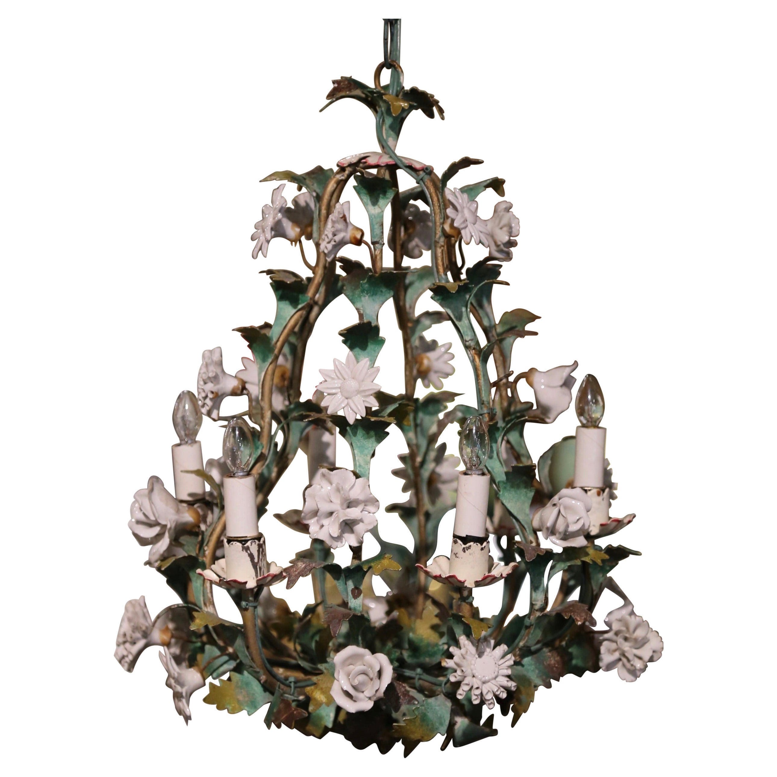 Early 20th Century French Metal and Porcelain Flowers Six-Light Chandelier For Sale