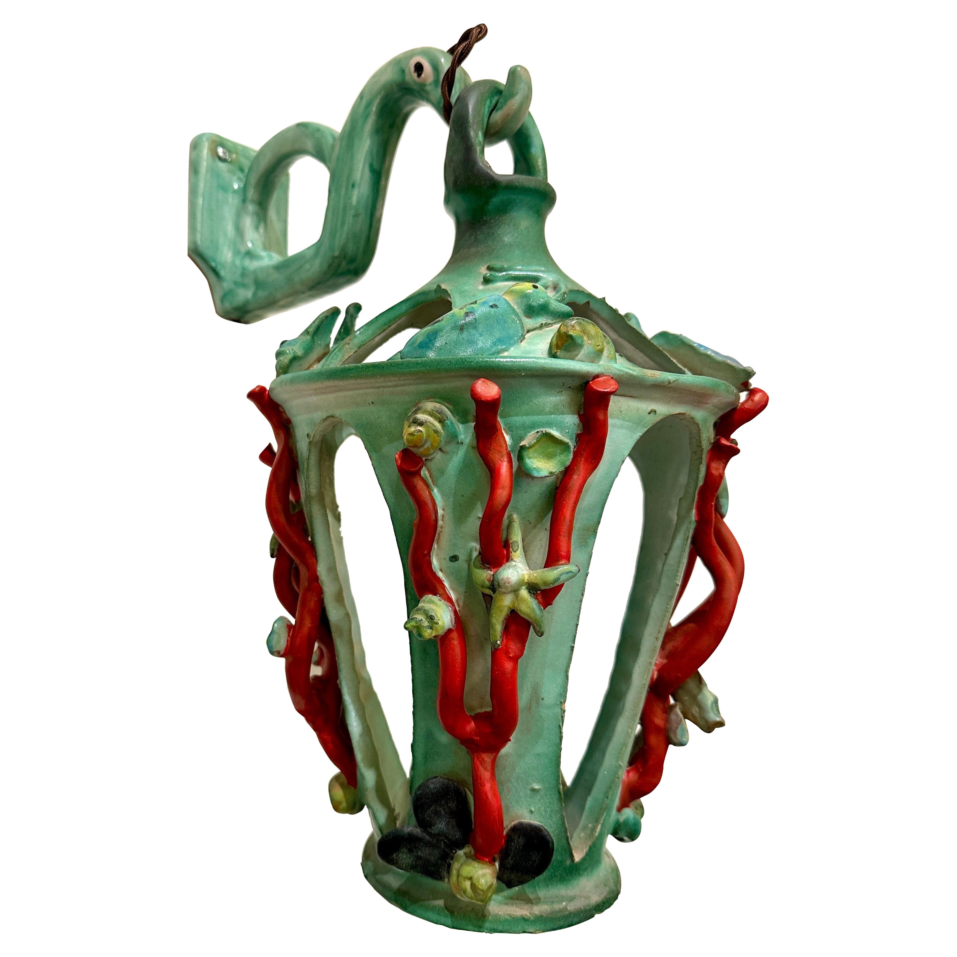 Lanterne éclairée Maiolica Sea Life des années 1940 par C.A.S. Vietri, Italie en vente