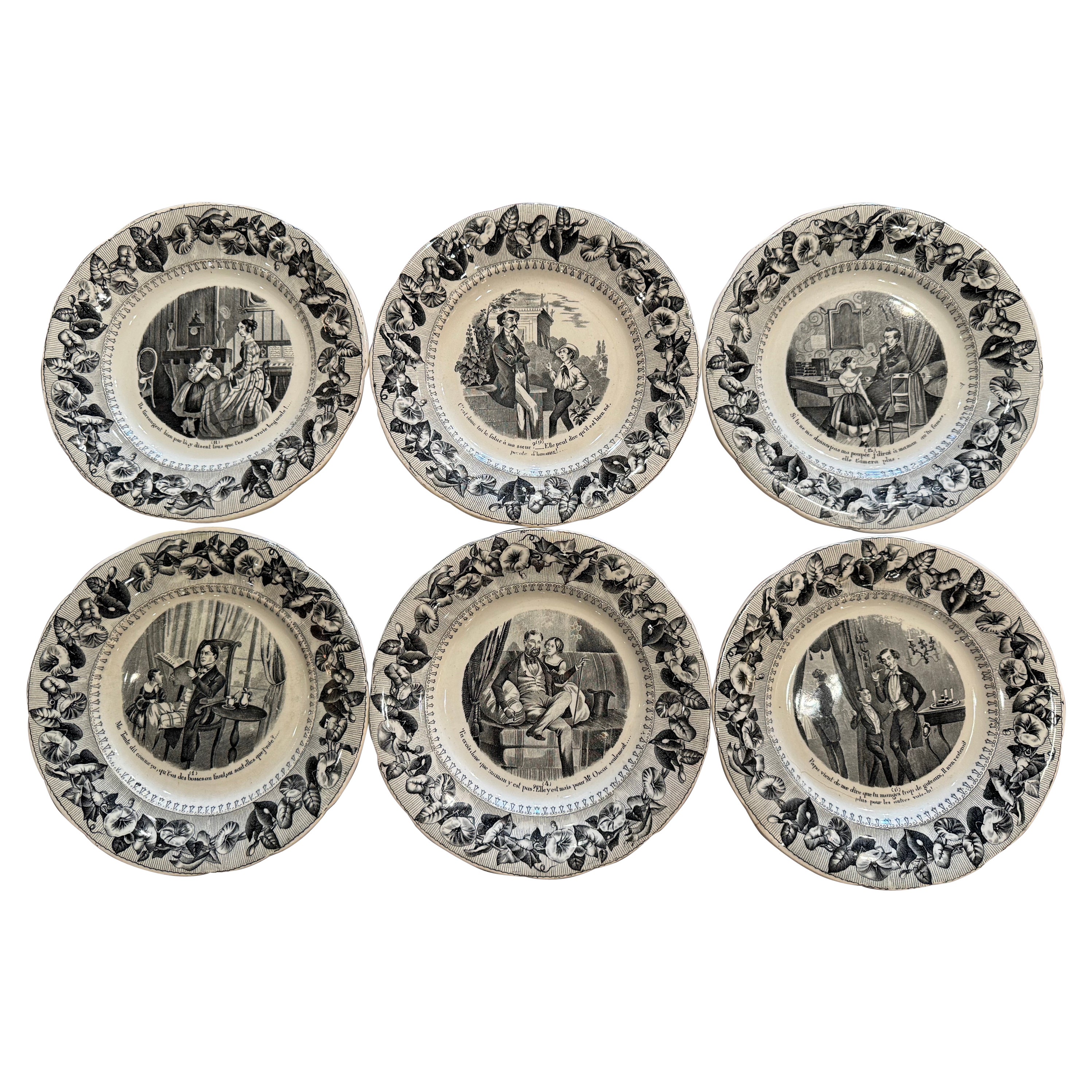 19th Century French Napoleon III Black & White Ceramic Dessert Plates, Set of 6 For Sale