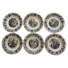 Assiettes à dessert Napoléon III en céramique noire et blanche du 19e siècle, ensemble de 6