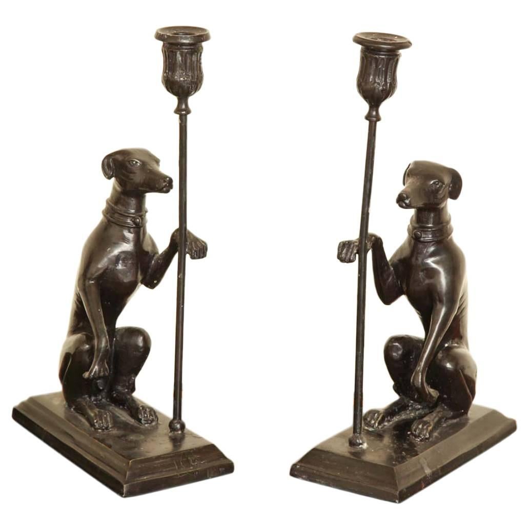 Vintage Pair of Bronze Greyhound Candleholder cum Bookends