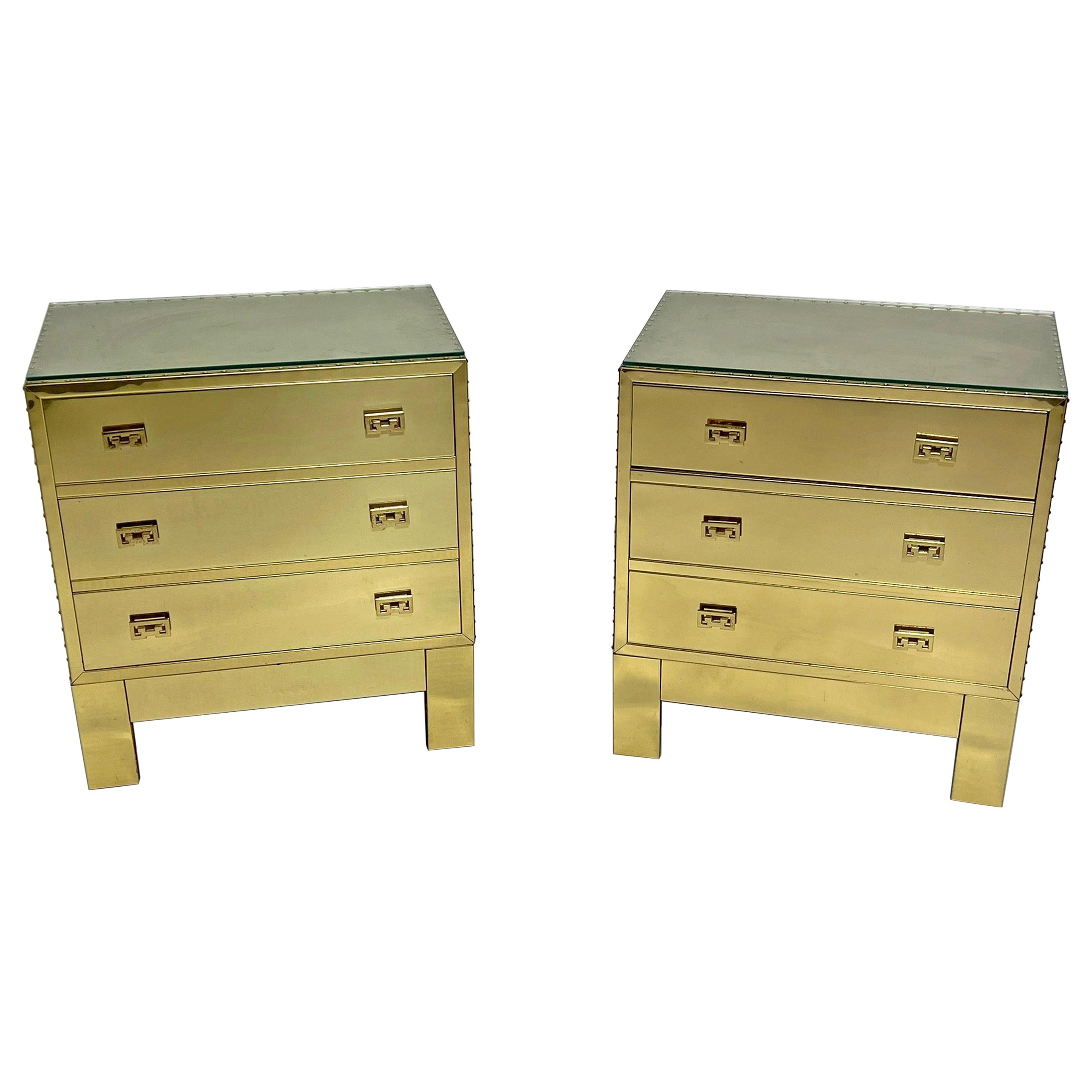 Pair of Three Drawer Brass Clad Chests in Manner of Sarreid, Circa 1970s For Sale