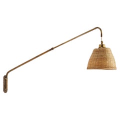 Schwedische Designerin, Wandleuchte, Messing, Rattan, Schweden, 1940er Jahre