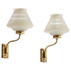 Vintage Swedish Designer, Wall Lights, Brass, Glass, Sweden, 1940s