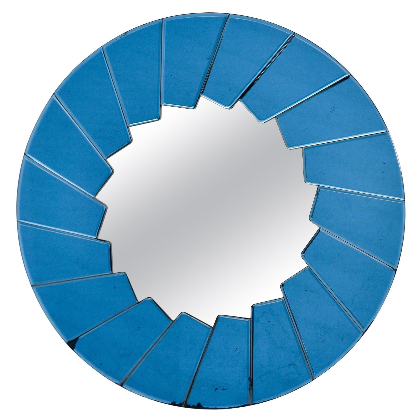 Italian Modernist Round Mirror with Blue Mirrored Edging For Sale