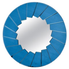 Italian Modernist Round Mirror with Blue Mirrored Edging