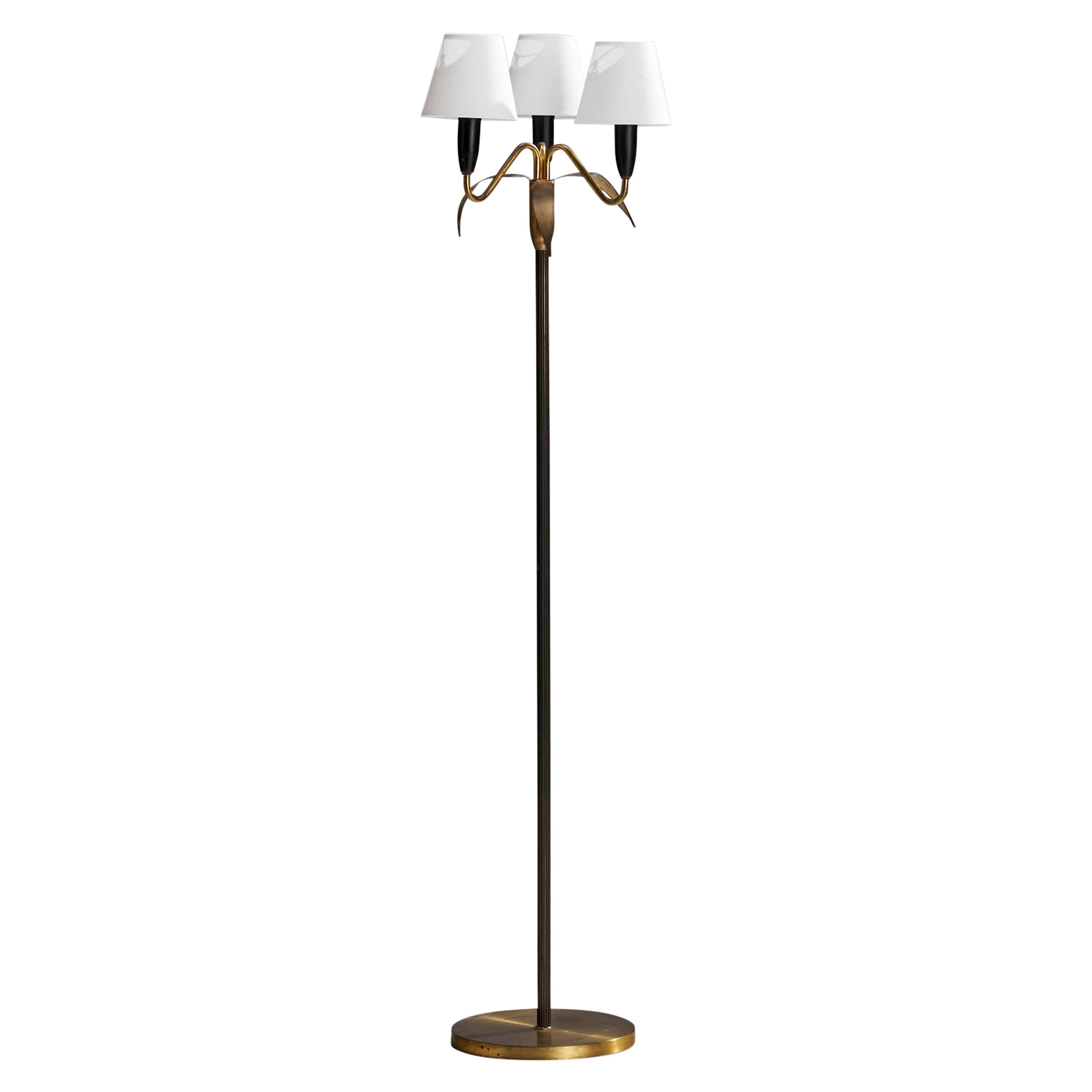 Swedish Designer, Floor Lamp, Brass, Metal, Fabric, Sweden, 1960s