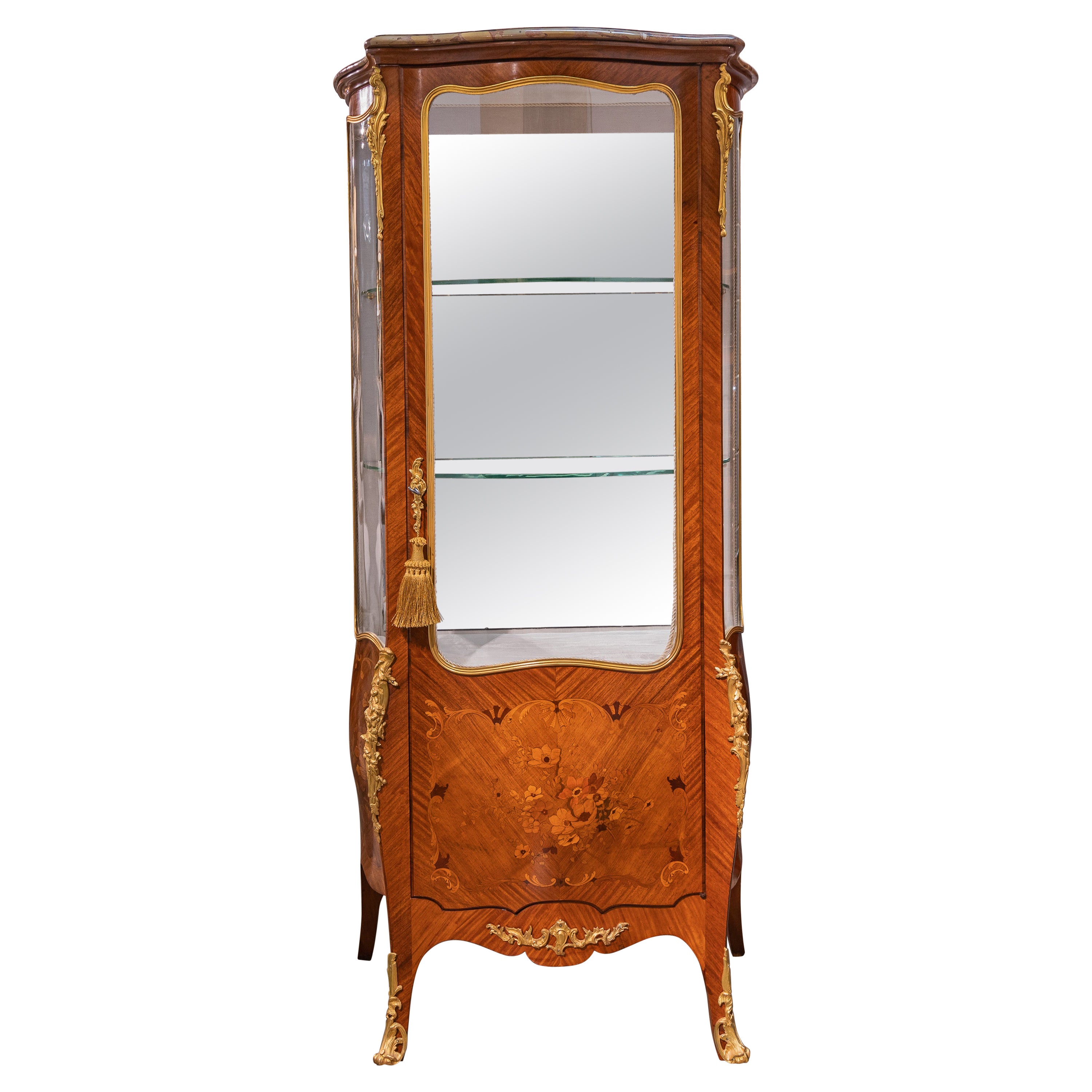 A  19th c Louis XV  satinwood vitrine with floral marquetry signed E Leviell  For Sale