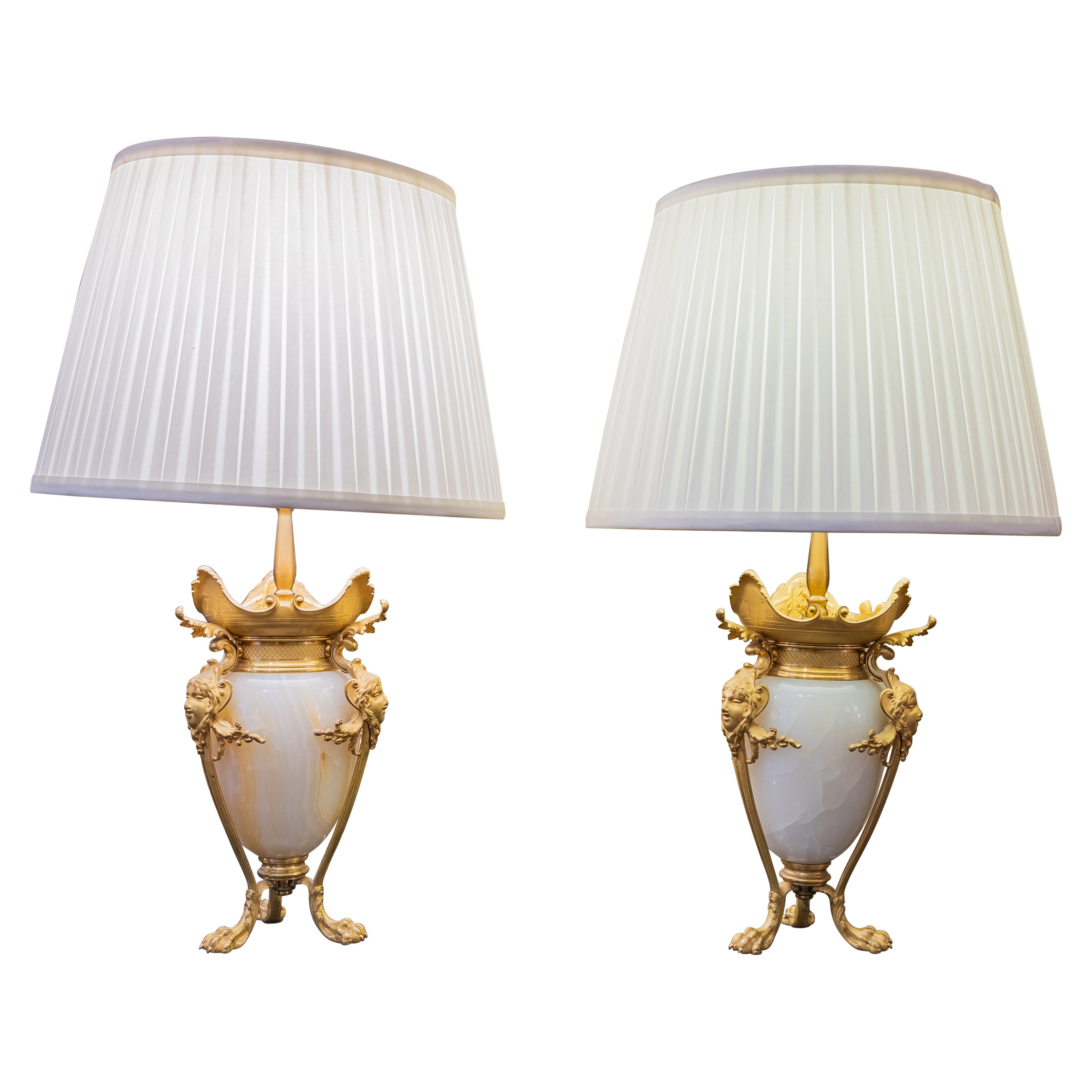 A fine pair of 19th c French alabaster and gilt bronze table lamps