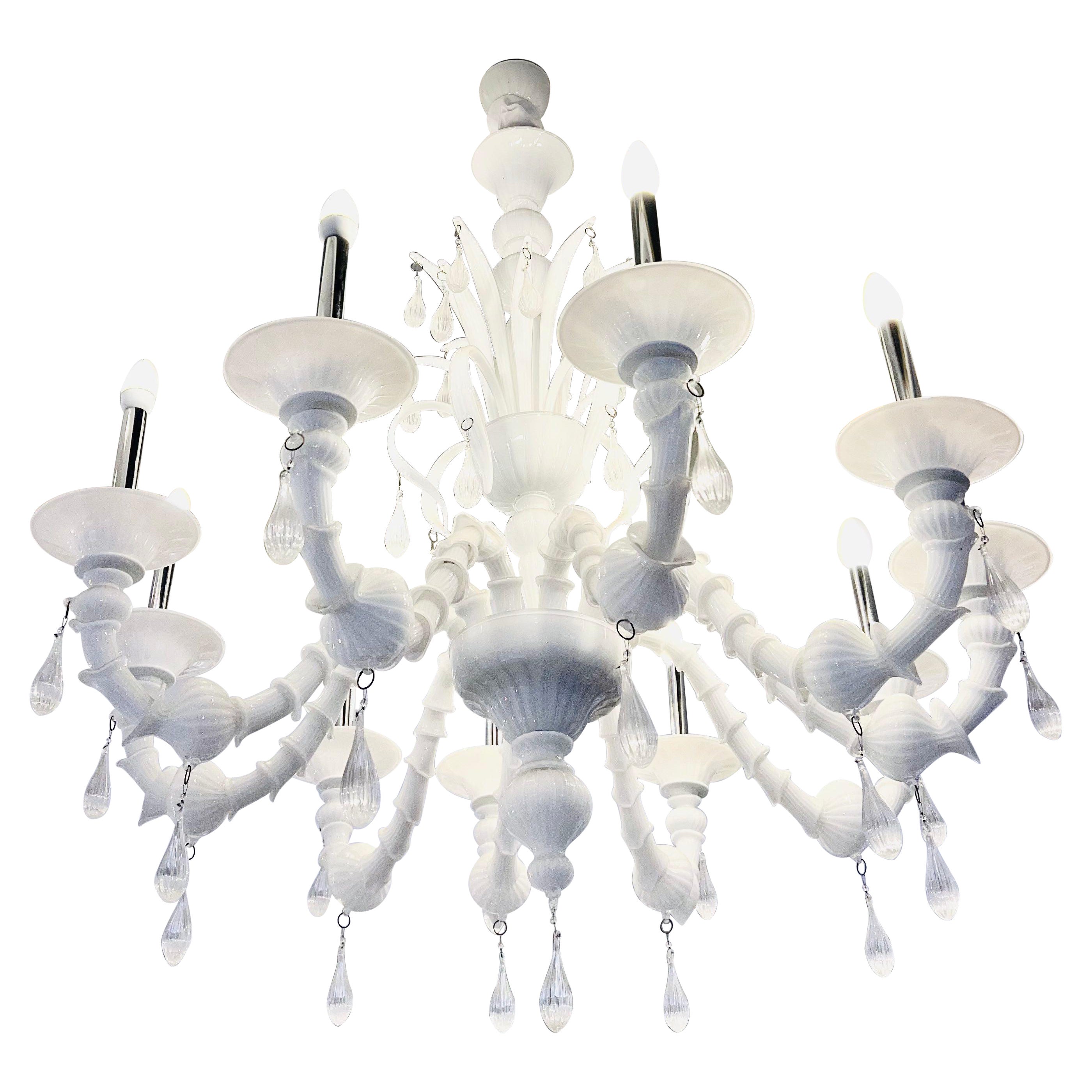 10 Arm White Murano Chandelier For Sale