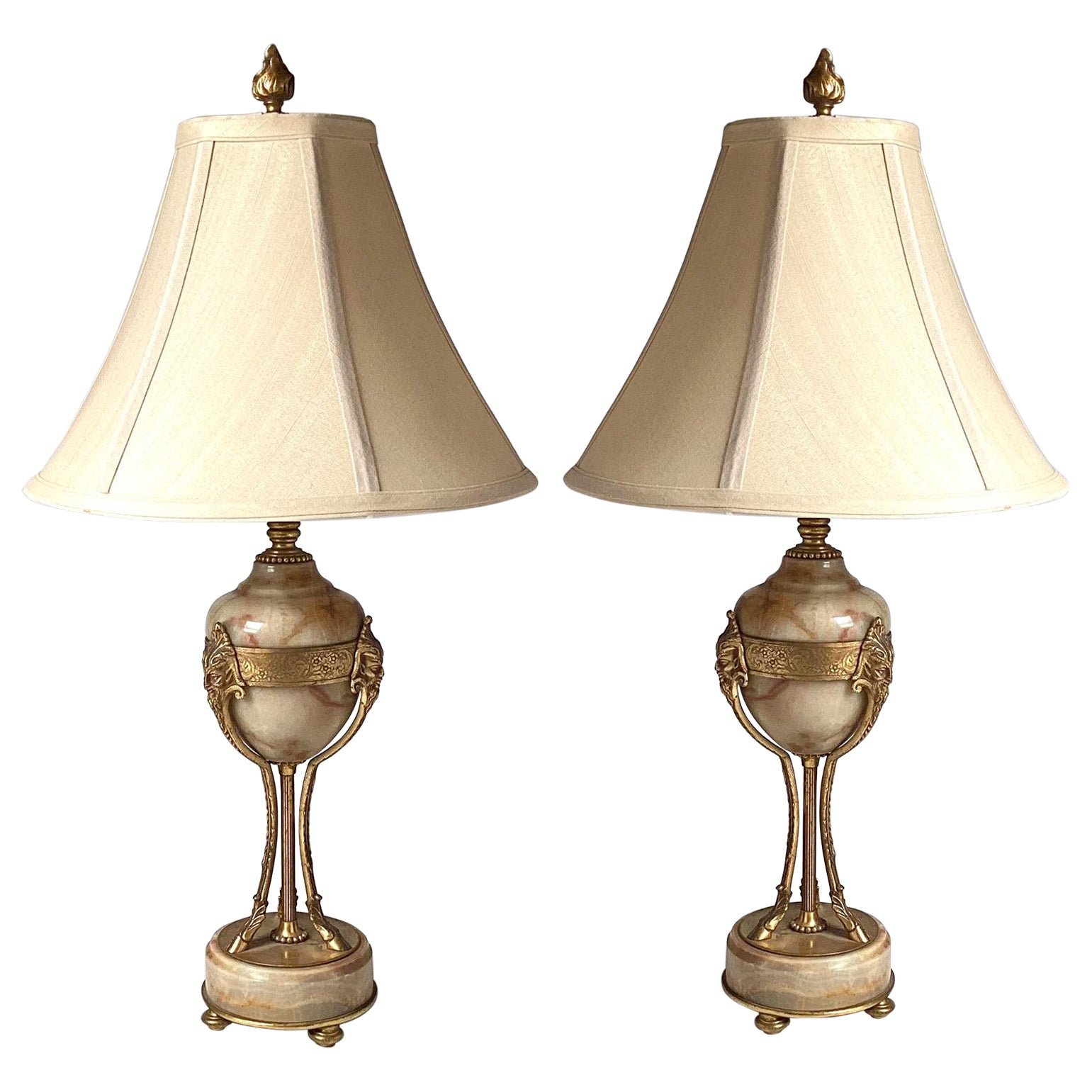 A Pair of Louis XVI Style Gilt Bronze and Marble Lamps For Sale