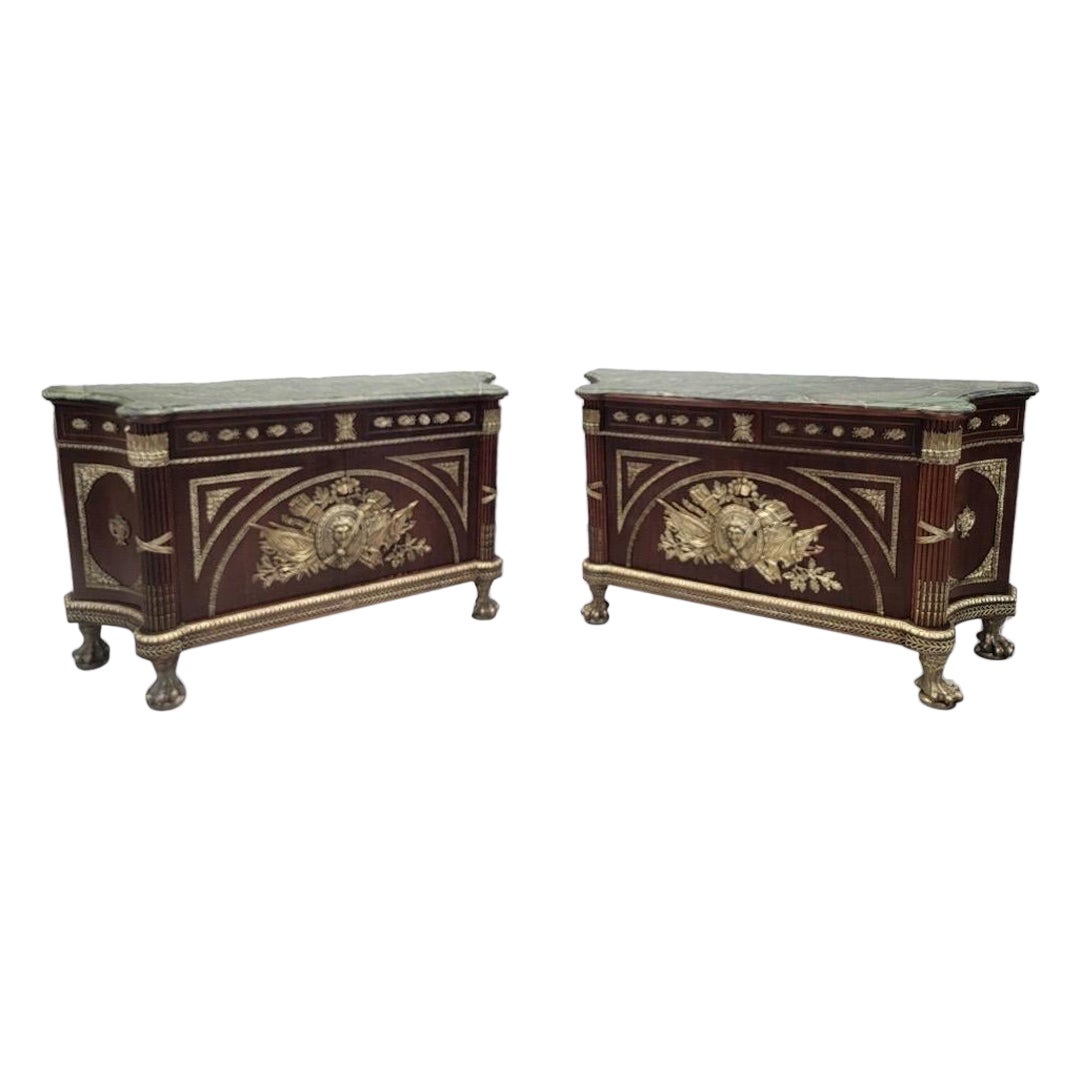 Vintage French Regency Style Brass Ormolu Marble Top Sideboard/Cabinet -Pair For Sale