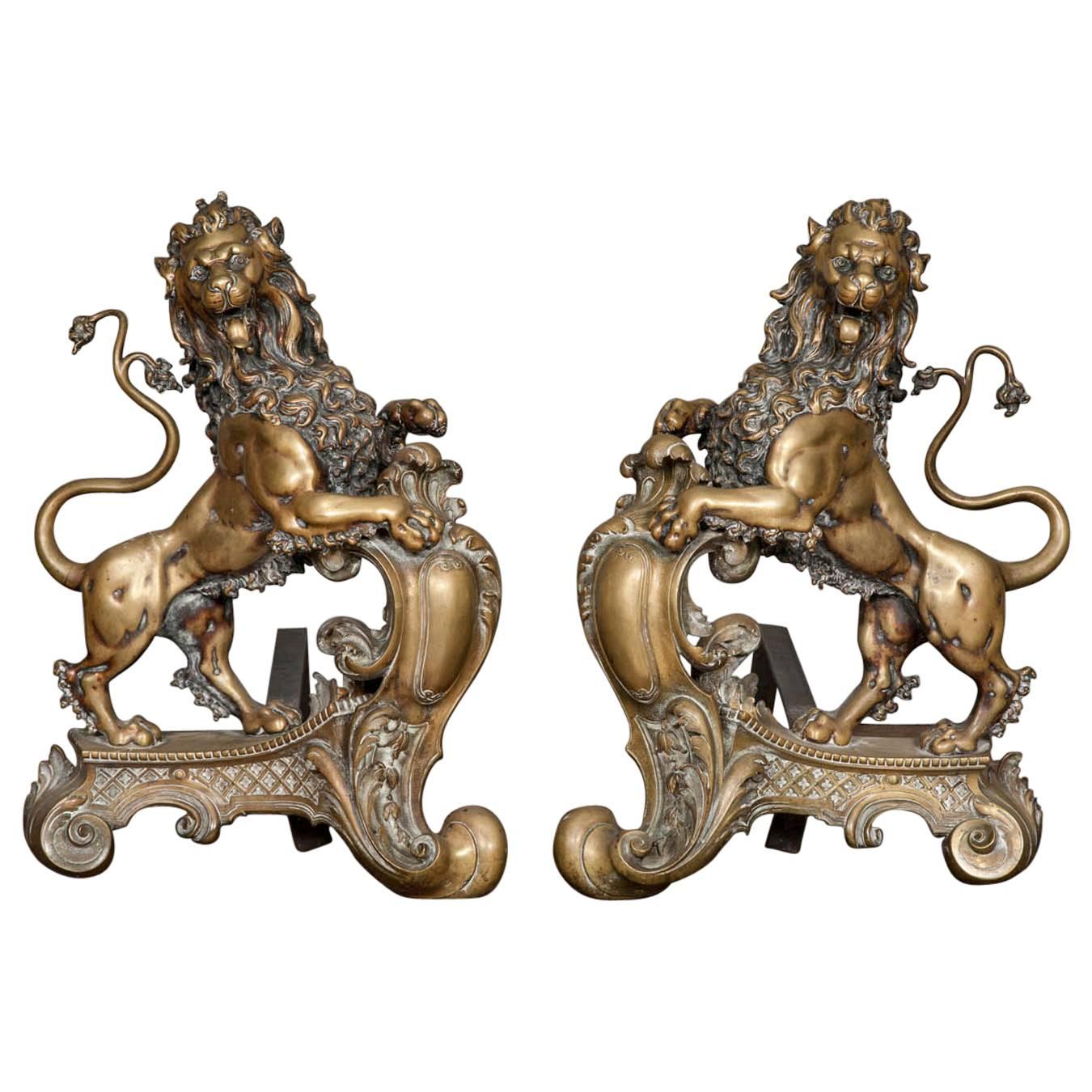 Pair of 19th Century Lion Fire Dogs/ Chenets