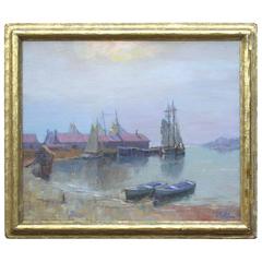 Antique Early 20th Century American Harbor Scene by August H.O. Rolle