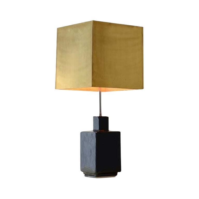 Lampada da tavolo grande Willy Rizzo con base in ceramica smaltata e paralume in ottone in vendita