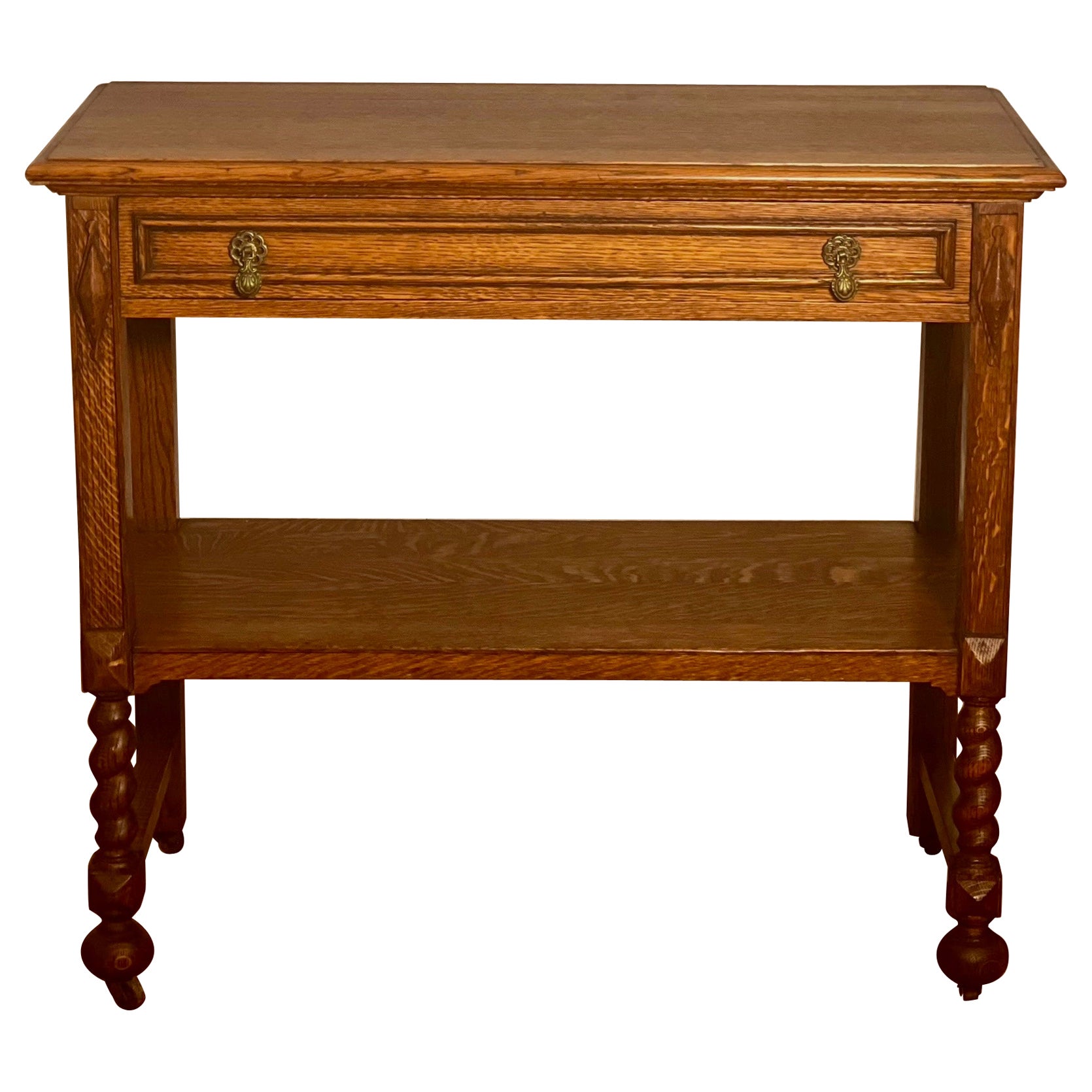 Early 20th Century English Quarter Sawn Oak Two-Tier Server on Casters