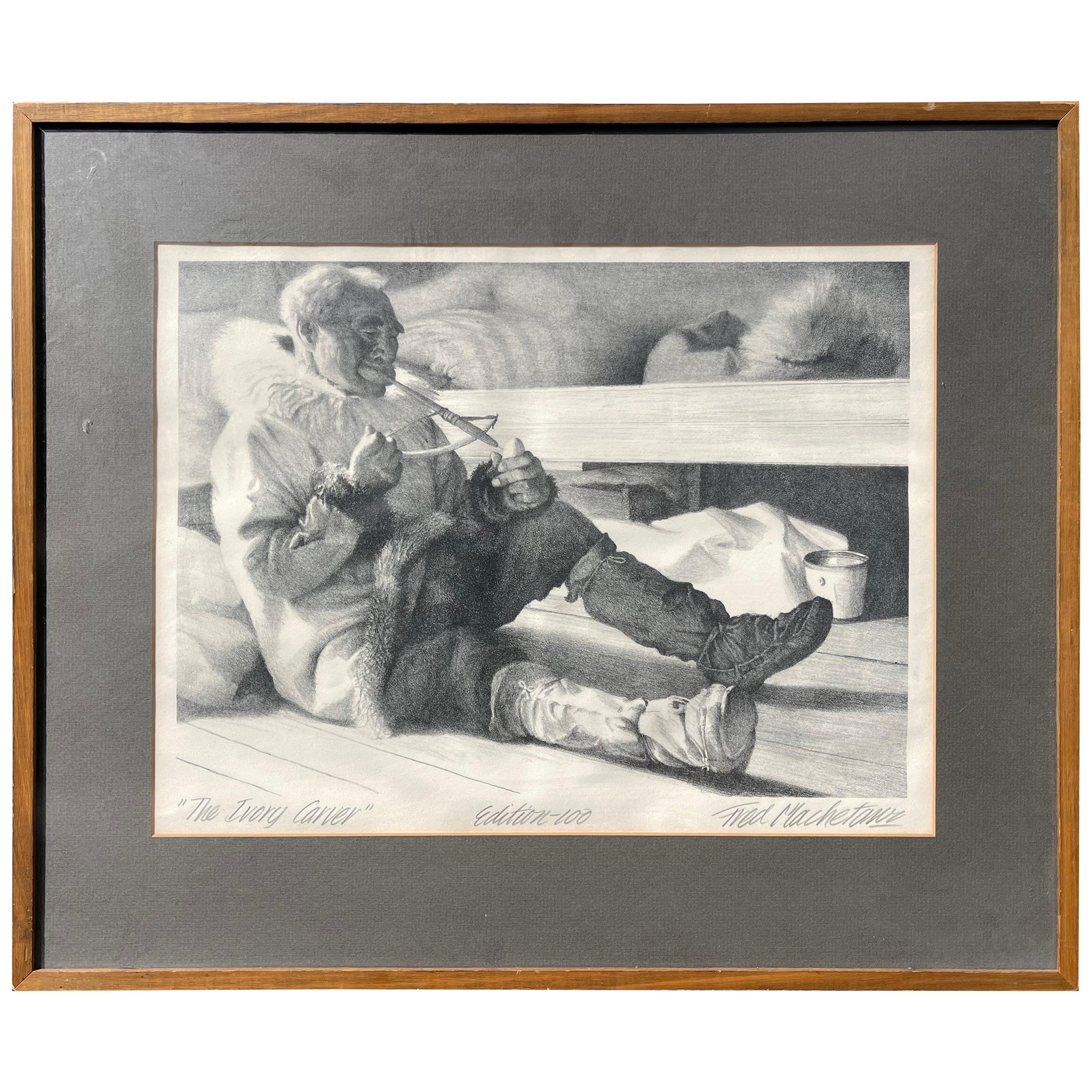 Fred Machetanz, 1908-2002, Stone Lithograph “The Ivory Carver” Signed, Numbered For Sale
