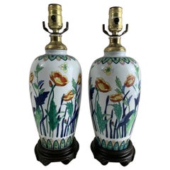 Antique Butterflies & Poppies Hand Painted Thai Porcelain Table Lamps - 2 pc